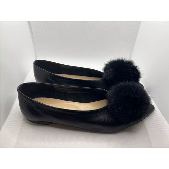 Gabriella Women’s Leather Black Fur Ball Fluffy Toe Pom Pom Bow Shoes Flats - Picture 3 of 10